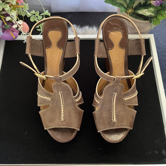 Chloe Platform Shoe with Wooden Wedge Heel.  Brown Size 38 - Picture 1 of 8